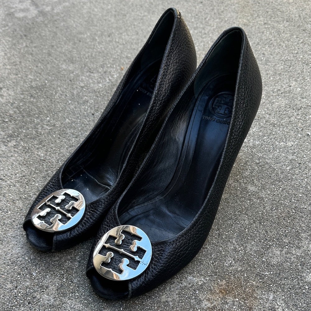 TORY BURCH | Women’s Black Peep Toe Reva Wedge Shoes